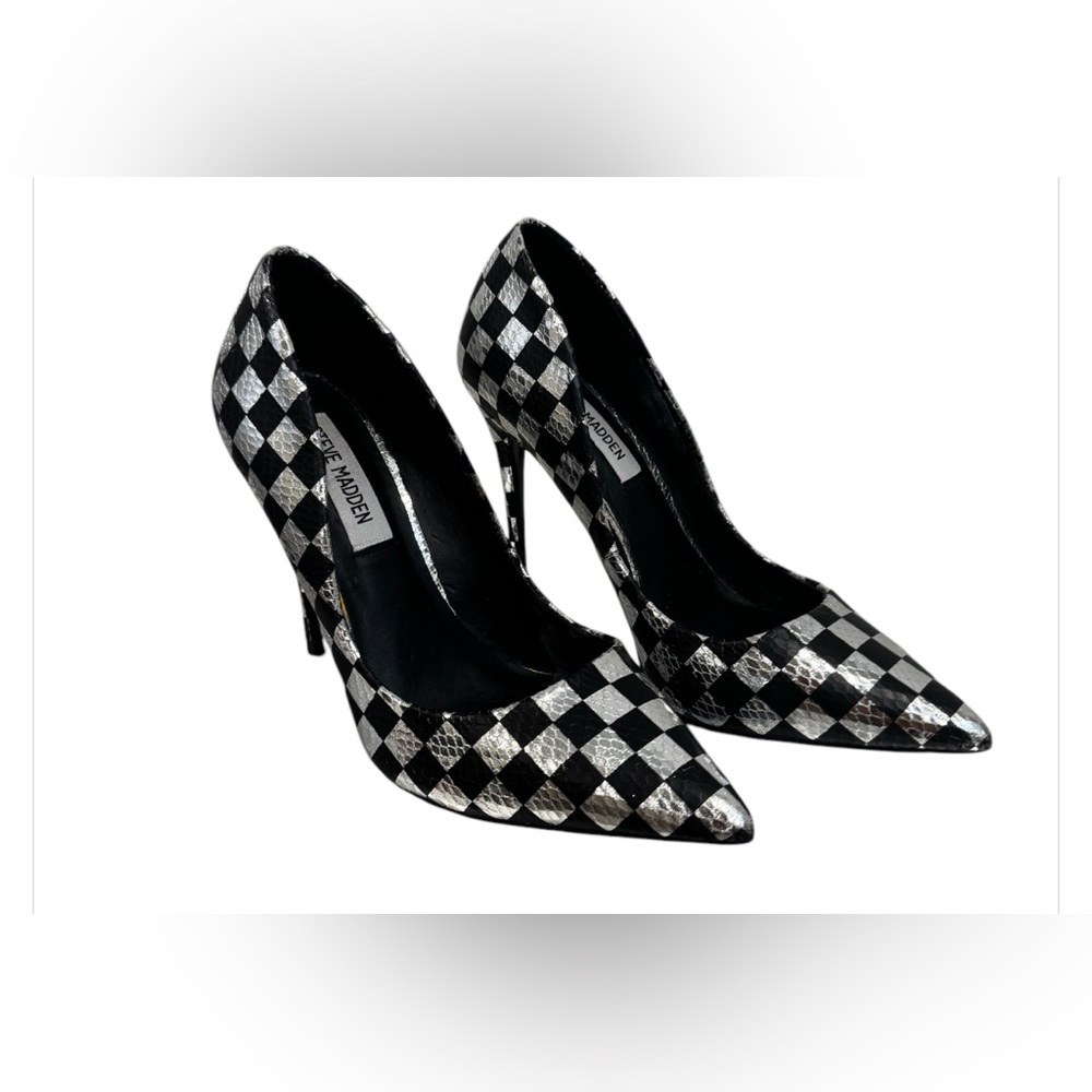 Steve Madden Checker Black/Silver Pointed Closed Toe Stilleto Heel Slip On Pump